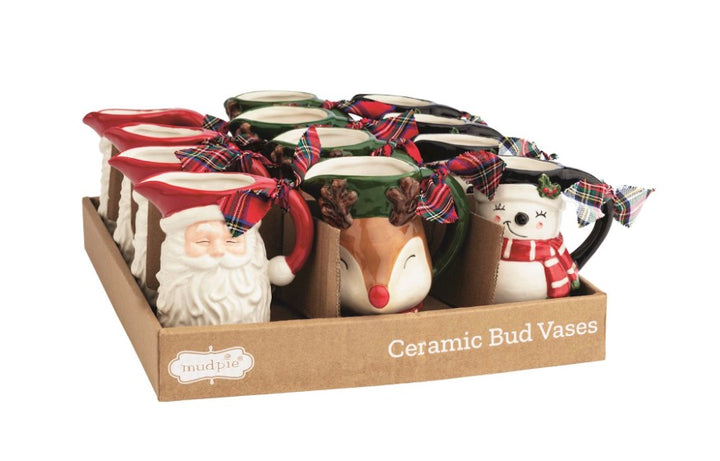 Hand-painted Santa, reindeer, and snowman bud vases with plaid ribbons.