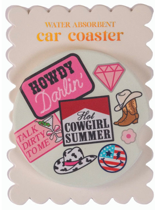 Simply Southern Car Coasters, water-absorbent, fit cup holders, western designs; sizes available: standard cup holder size.