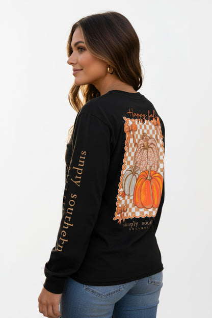 Black “Happy Fall Long Sleeve” shirt with a fall-themed design of pumpkins and wheat on the back; available in sizes S-XL.