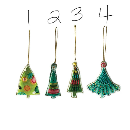 Cotton Velvet Christmas Tree Ornament w/ Embroidery & Glass Beads