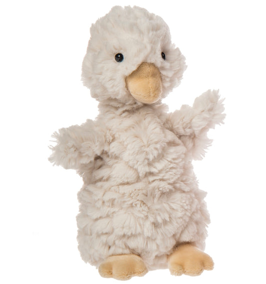 A fluffy white Putty Ducklings toy with a smiling expression, standing upright, isolated on a white background.