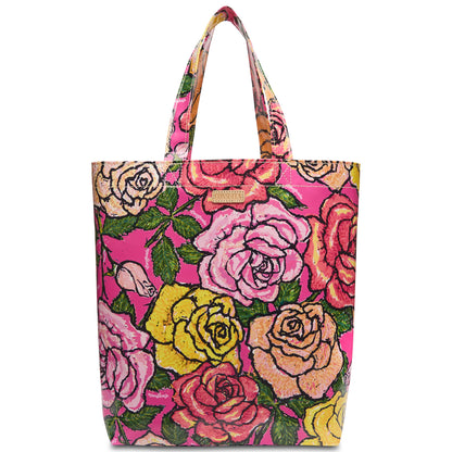 Colorful tote with short handles, pink ConsuelaCloth, rose print. Available in Basic size.