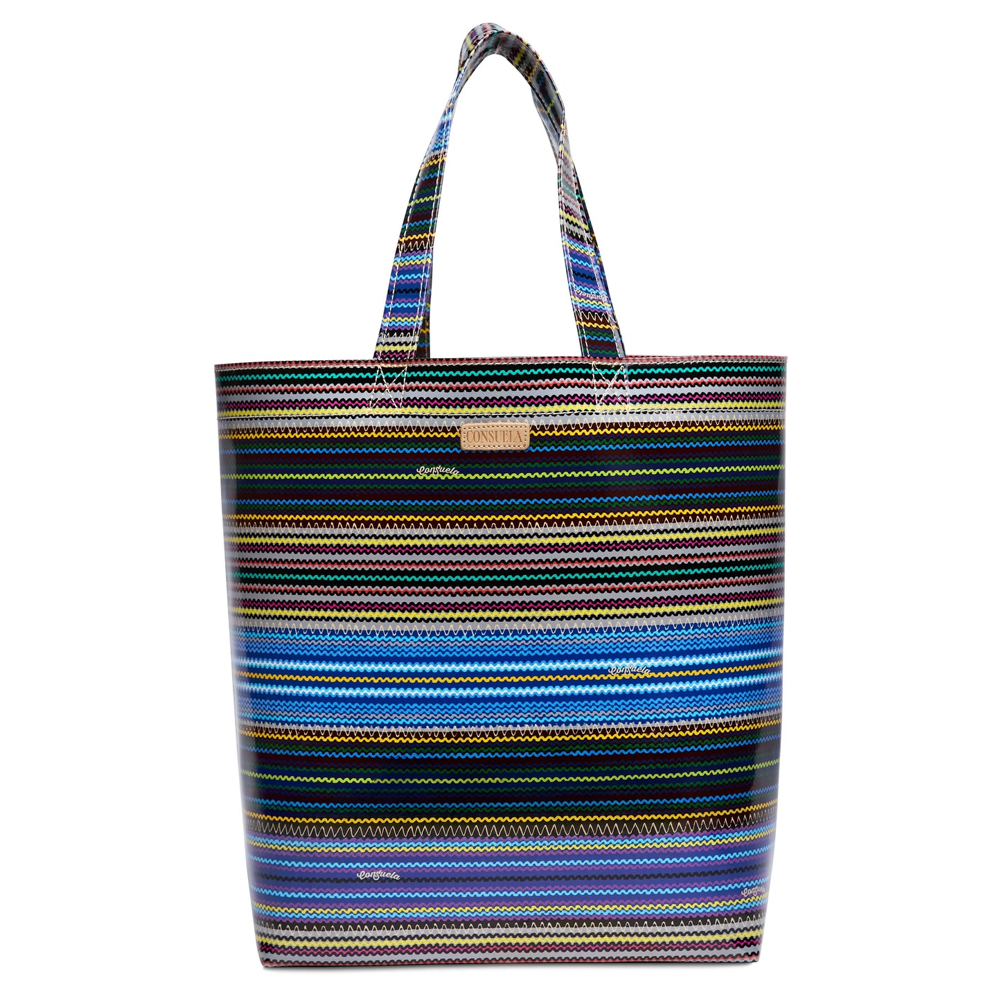 Large ConsuelaCloth tote with two handles, colorful horizontal stripes; available in large size.