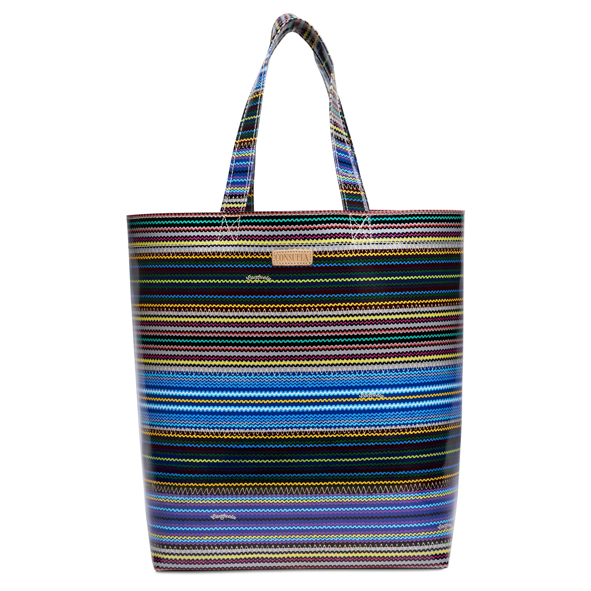 Large ConsuelaCloth tote with two handles, colorful horizontal stripes; available in large size.