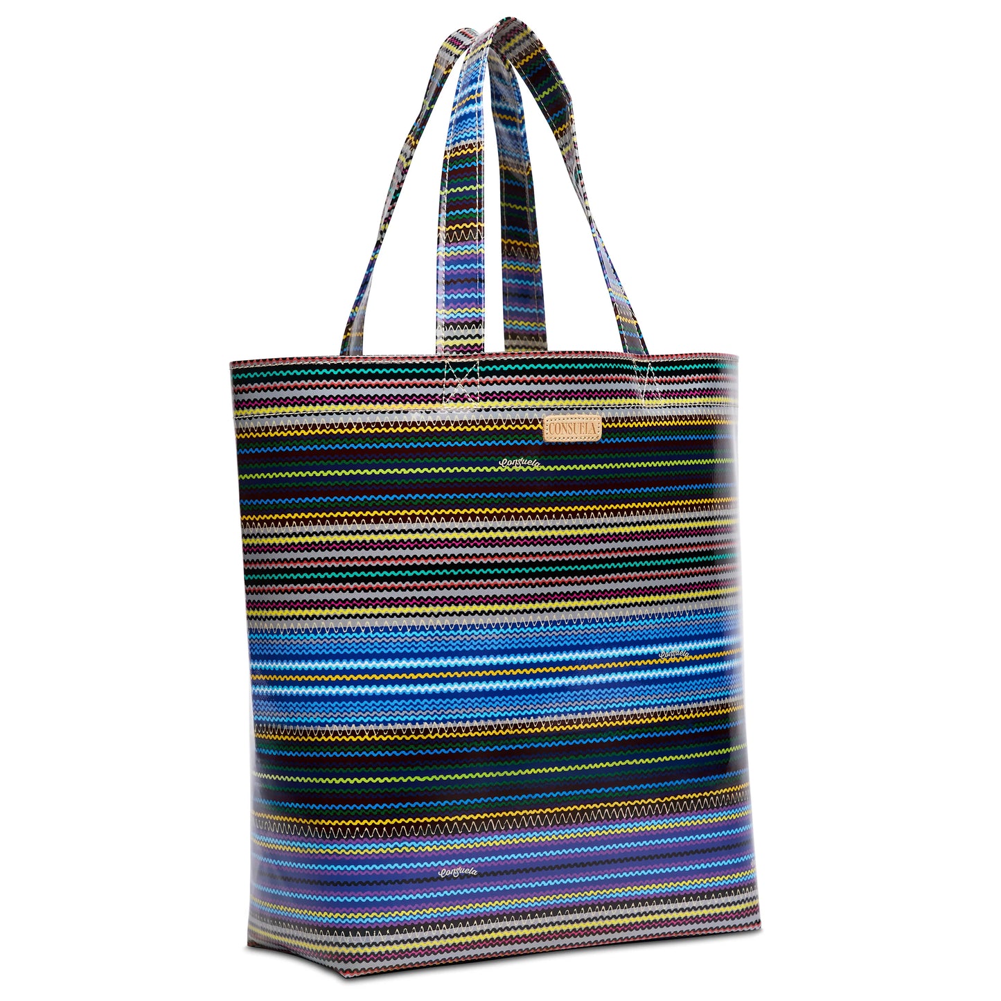 Large utility tote with two handles, ConsuelaCloth, blue/yellow/black/red stripes on white; available in large size.