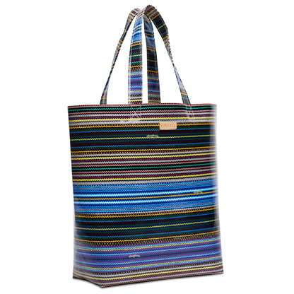 Large utility tote with two handles, ConsuelaCloth, blue/yellow/black/red stripes on white; available in large size.