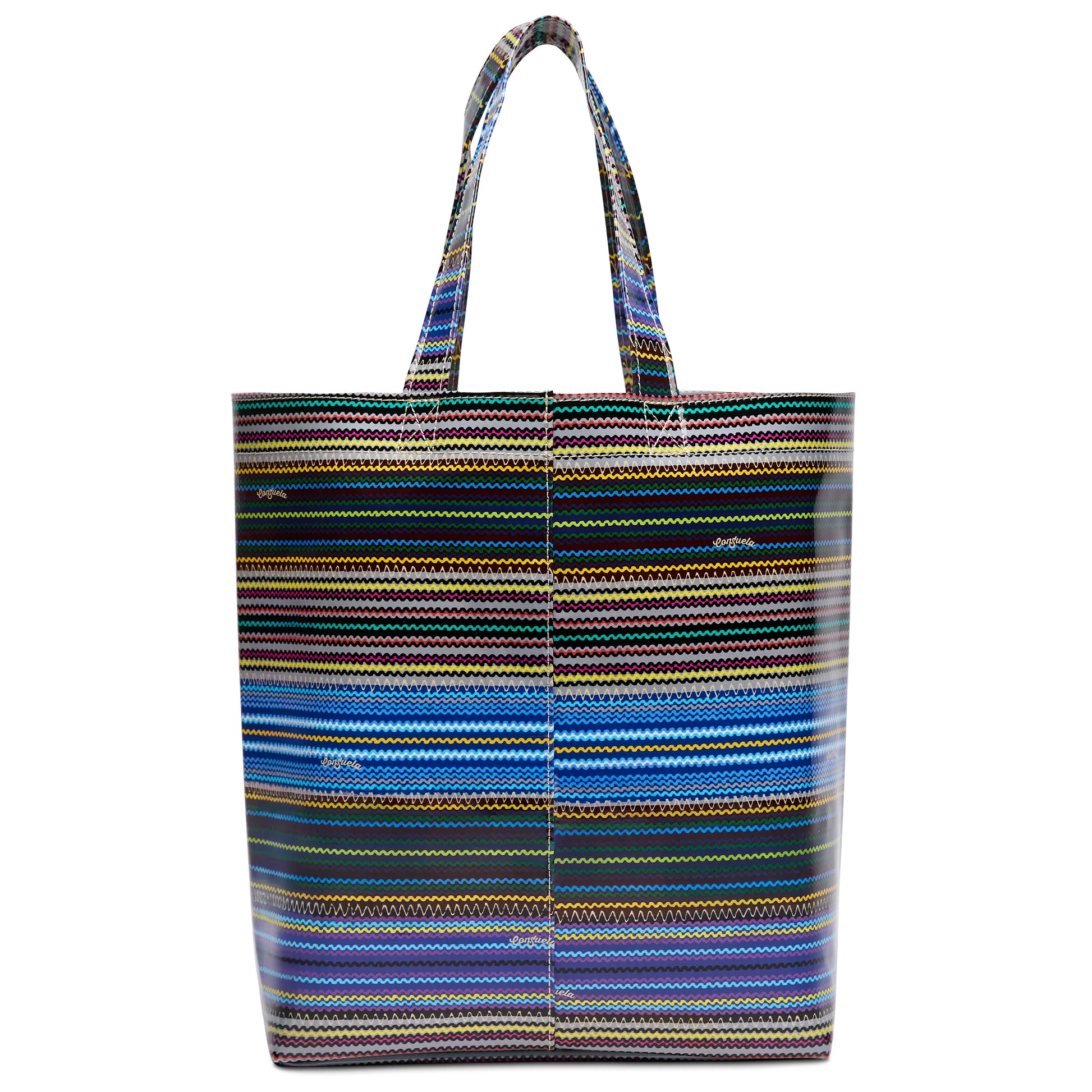 Large ConsuelaCloth utility tote with two handles, bold blue, orange, yellow, green, black stripes. Available in size Large.