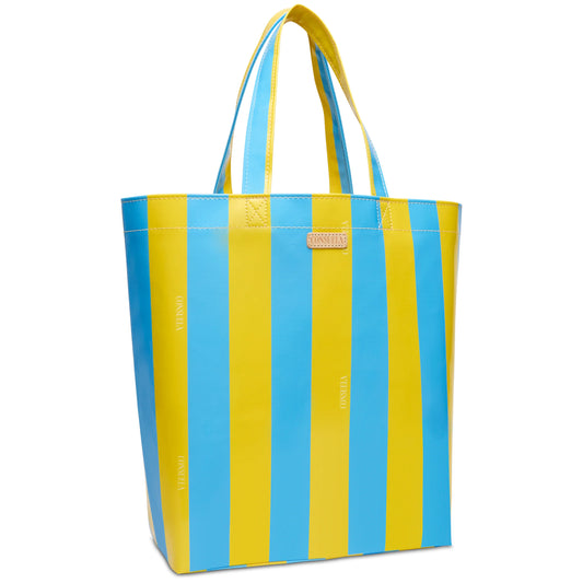 Blue and yellow striped ConsuelaCloth™ tote with two handles, easy-clean finish, front label. Available in basic size.