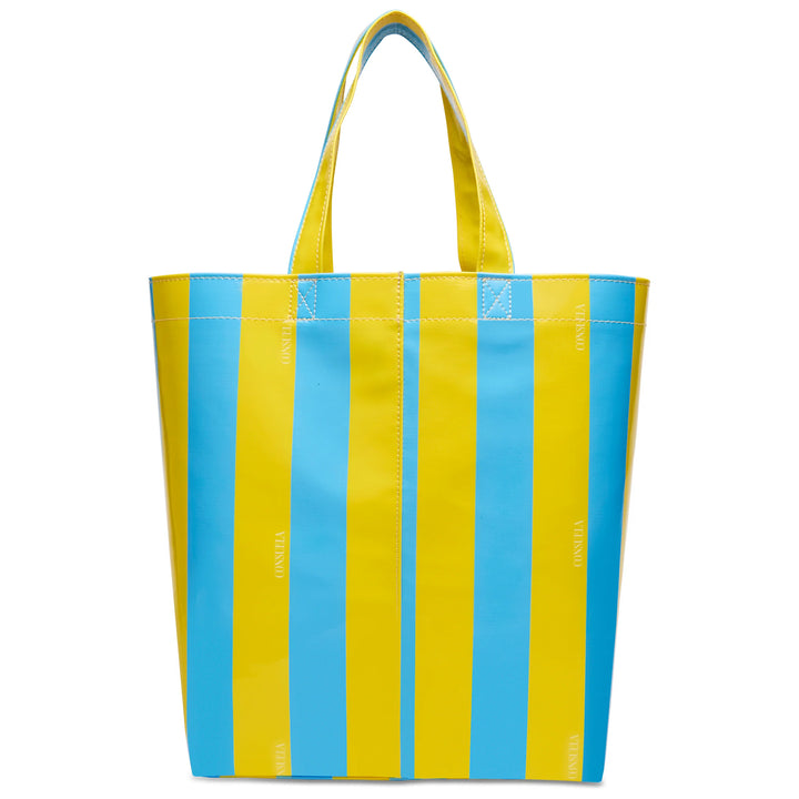Large ConsuelaCloth™ tote with yellow and blue vertical stripes, two short handles, subtle stripe text; available in one size.