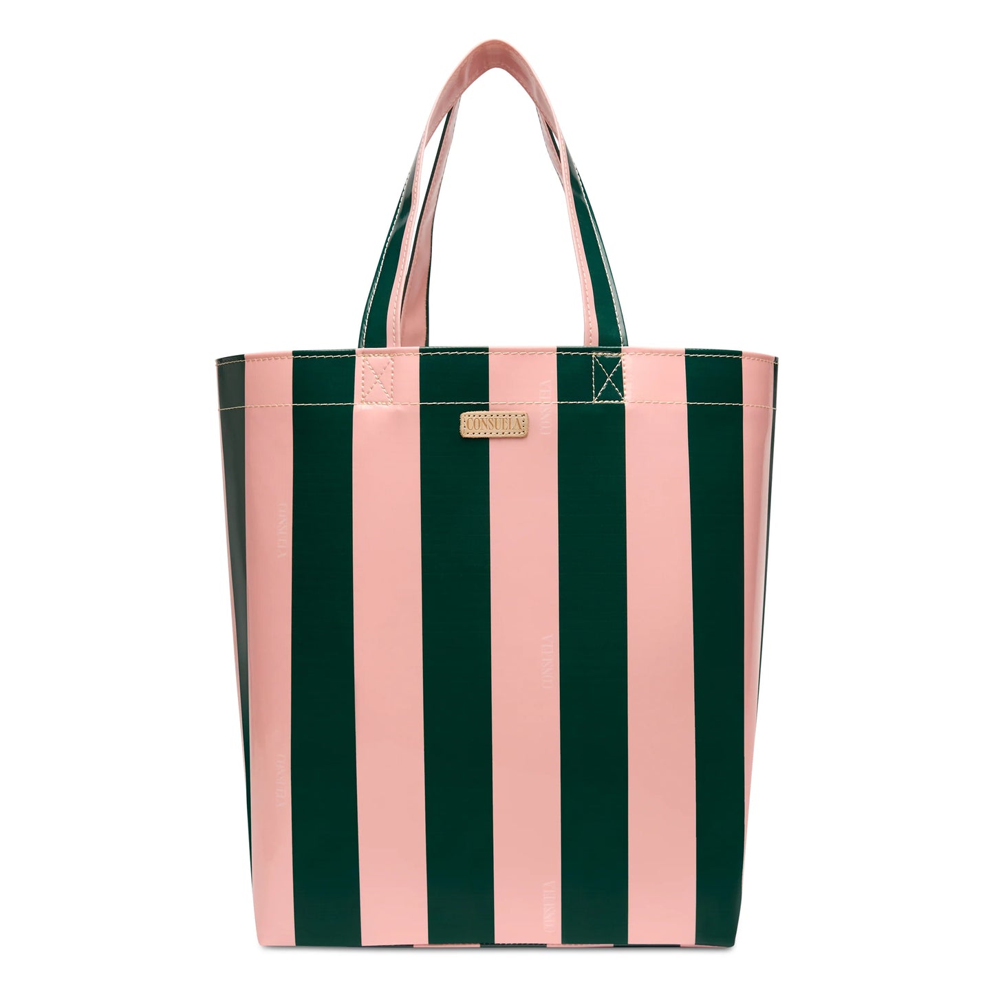 Colorful tote bag with vertical pink and dark green stripes, made from ConsuelaCloth. Features two short handles and a small gold-colored rectangular label near the top. Available in basic size.