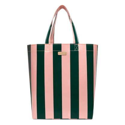 Colorful tote bag with vertical pink and dark green stripes, made from ConsuelaCloth. Features two short handles and a small gold-colored rectangular label near the top. Available in basic size.