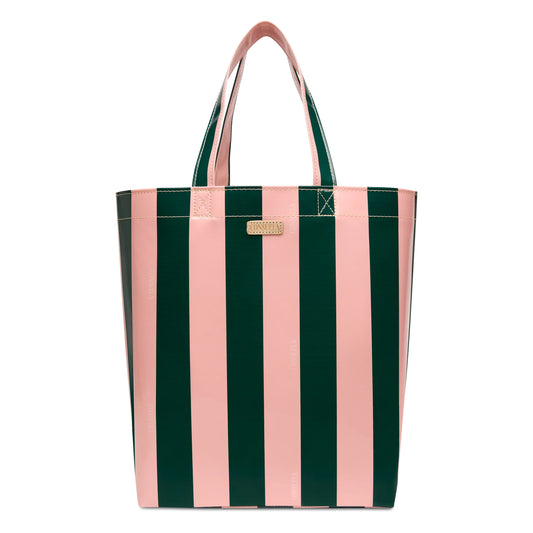 Colorful tote bag with vertical pink and dark green stripes, made from ConsuelaCloth. Features two short handles and a small gold-colored rectangular label near the top. Available in basic size.