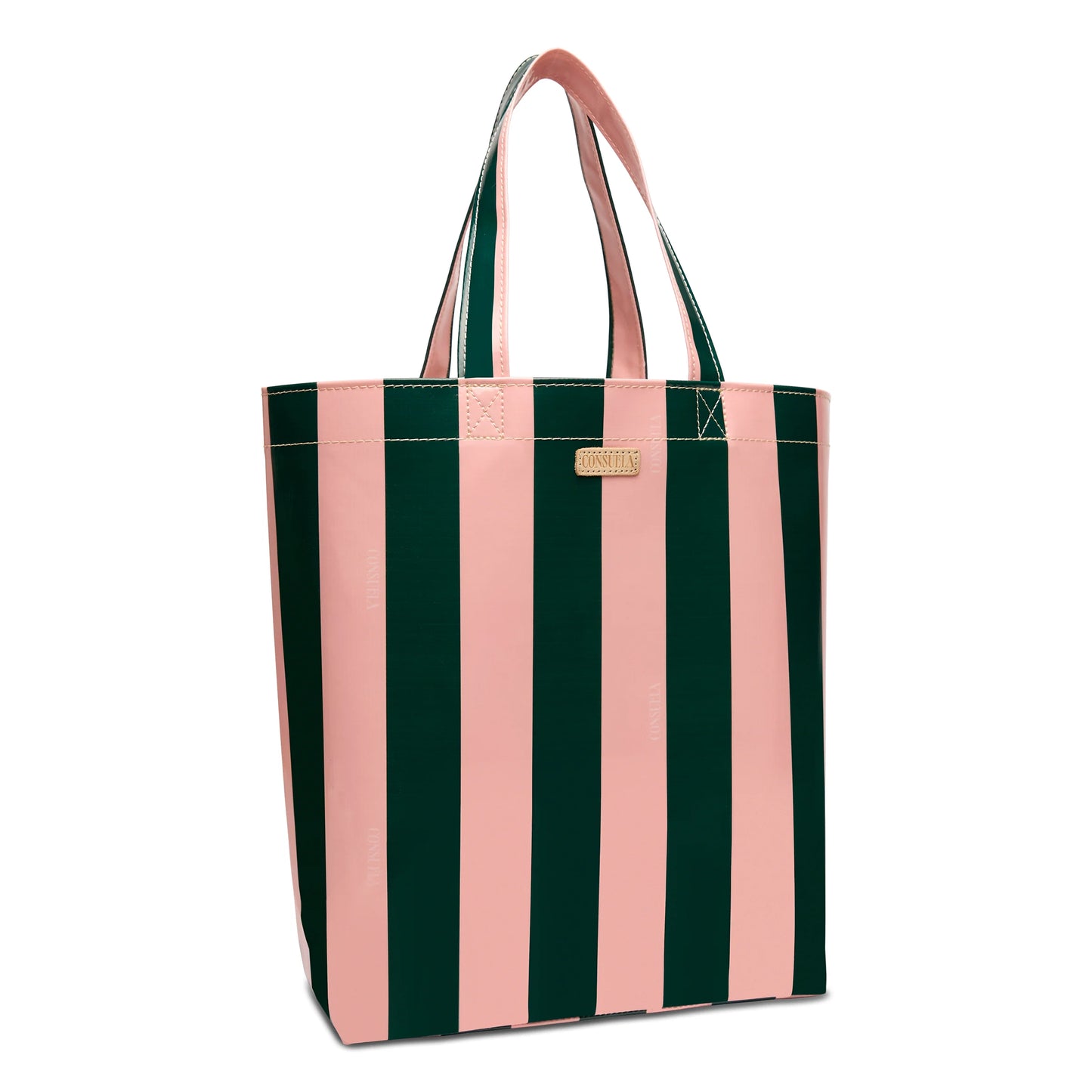The Grab ‘n’ Go Basic, Fern is a utility tote with vertical pink and dark green stripes, two sturdy handles, a small gold label near the top, made from durable ConsuelaCloth. Available in basic size.