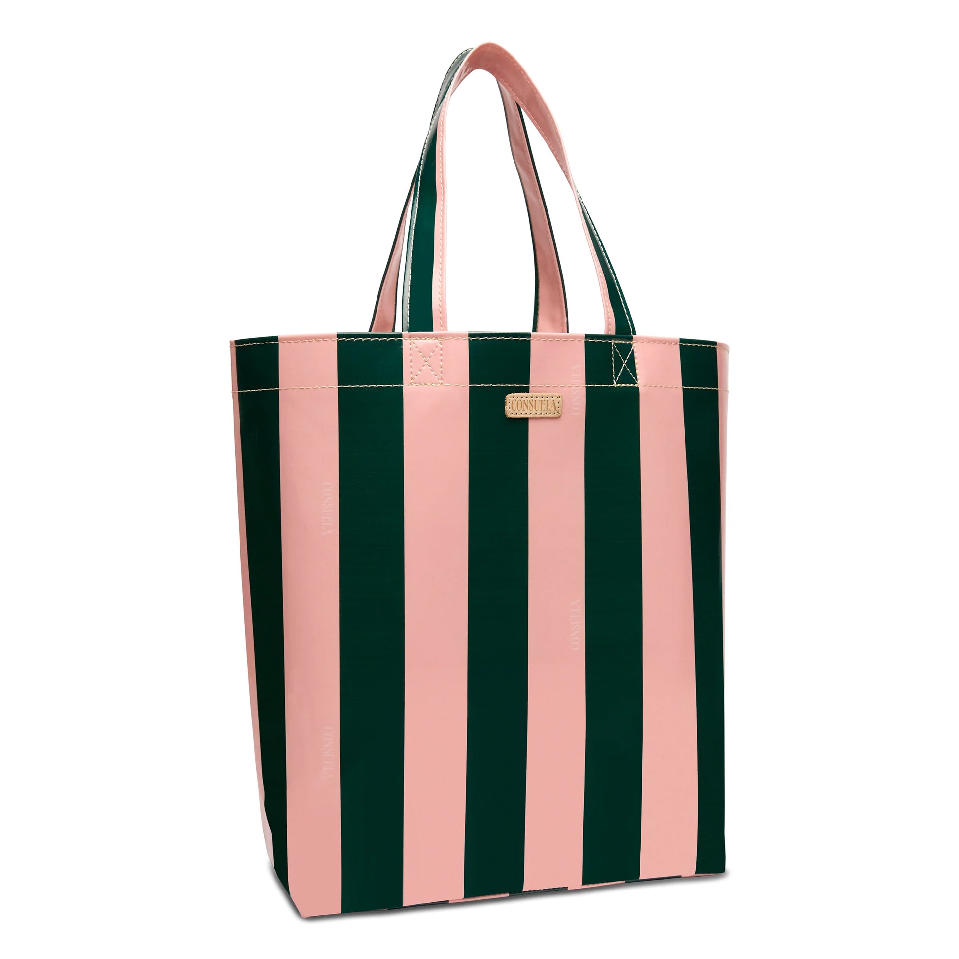 The Grab ‘n’ Go Basic, Fern is a utility tote with vertical pink and dark green stripes, two sturdy handles, a small gold label near the top, made from durable ConsuelaCloth. Available in basic size.