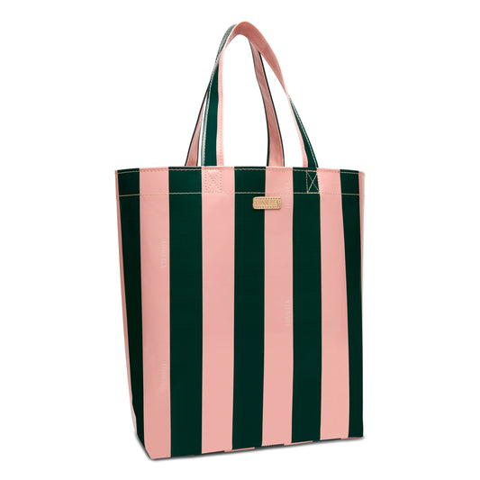 The Grab ‘n’ Go Basic, Fern is a utility tote with vertical pink and dark green stripes, two sturdy handles, a small gold label near the top, made from durable ConsuelaCloth. Available in basic size.