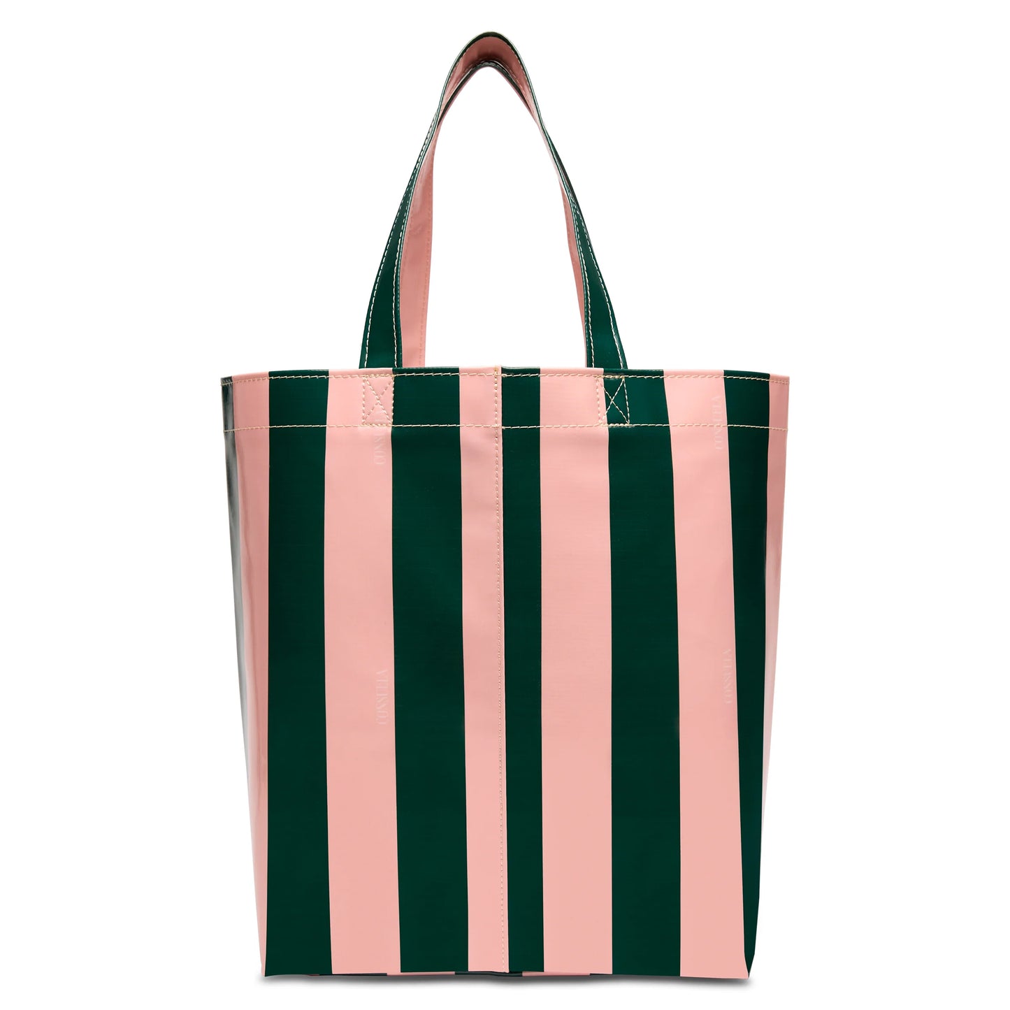 Grab ‘n’ Go Basic, Fern utility tote with vertical pink and dark green stripes, two sturdy handles, boxy shape; made from durable ConsuelaCloth™. Available in multiple sizes.