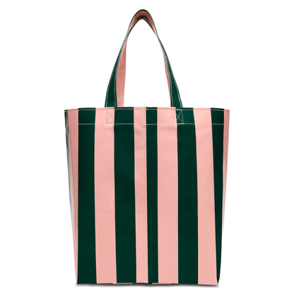 Grab ‘n’ Go Basic, Fern utility tote with vertical pink and dark green stripes, two sturdy handles, boxy shape; made from durable ConsuelaCloth™. Available in multiple sizes.
