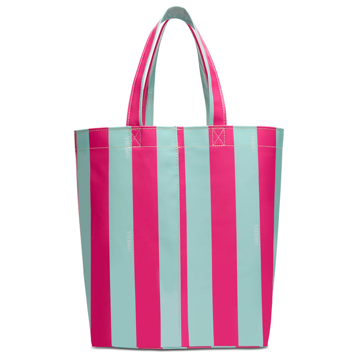 Utility tote with vertical pink and light blue stripes, two short handles; easy-to-clean. Available in multiple sizes.