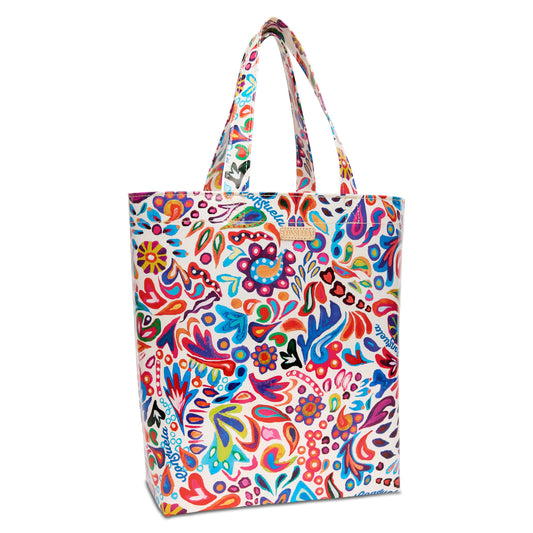 Colorful Grab 'n' Go Basic, Bianca tote with two handles, floral patterns on white. Easy to clean. Available in multiple sizes.