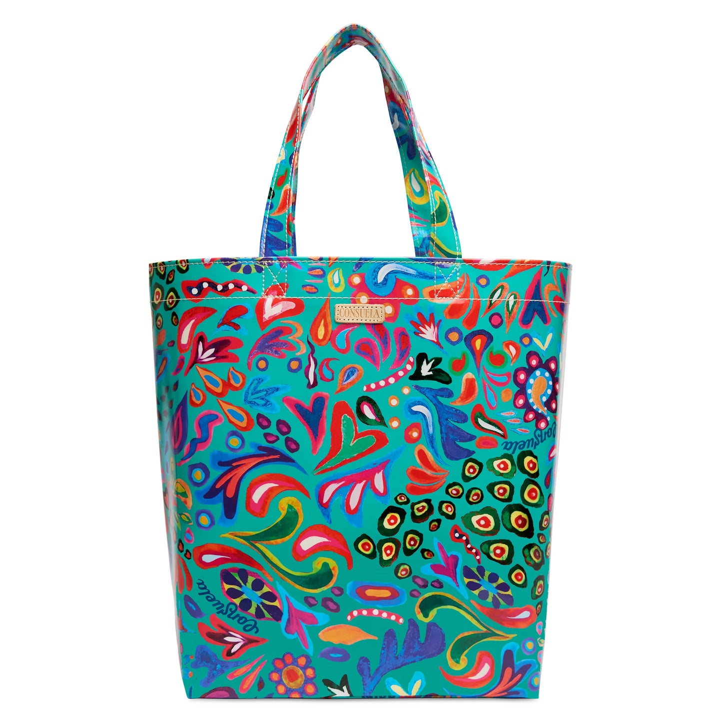 Utility tote bag with vibrant abstract floral and leaf patterns in red, blue, green, yellow, and purple on turquoise. Features two sturdy handles and a spacious rectangular shape. Easy to clean. Available in multiple sizes.
