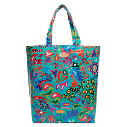 Utility tote bag with vibrant abstract floral and leaf patterns in red, blue, green, yellow, and purple on turquoise. Features two sturdy handles and a spacious rectangular shape. Easy to clean. Available in multiple sizes.