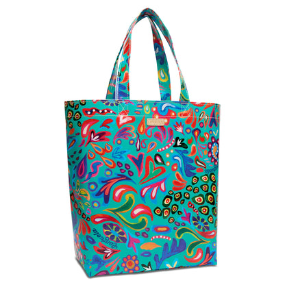 Grab ‘n’ Go Basic Tasha utility tote with bold red, blue, yellow, and green abstract floral and leaf designs on turquoise; features two sturdy handles, glossy easy-to-clean finish; available in multiple sizes.