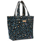 The Danni Grab 'n' Go Mini Bag features a blue and black leopard print, two handles, and a front patch made from durable ConsuelaCloth™. Available size: Mini.