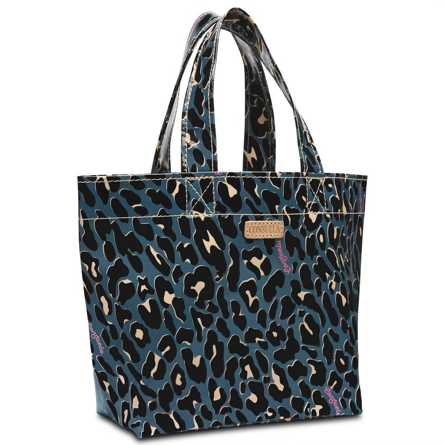 The Danni Grab 'n' Go Mini Bag features a blue and black leopard print, two handles, and a front patch made from durable ConsuelaCloth™. Available size: Mini.