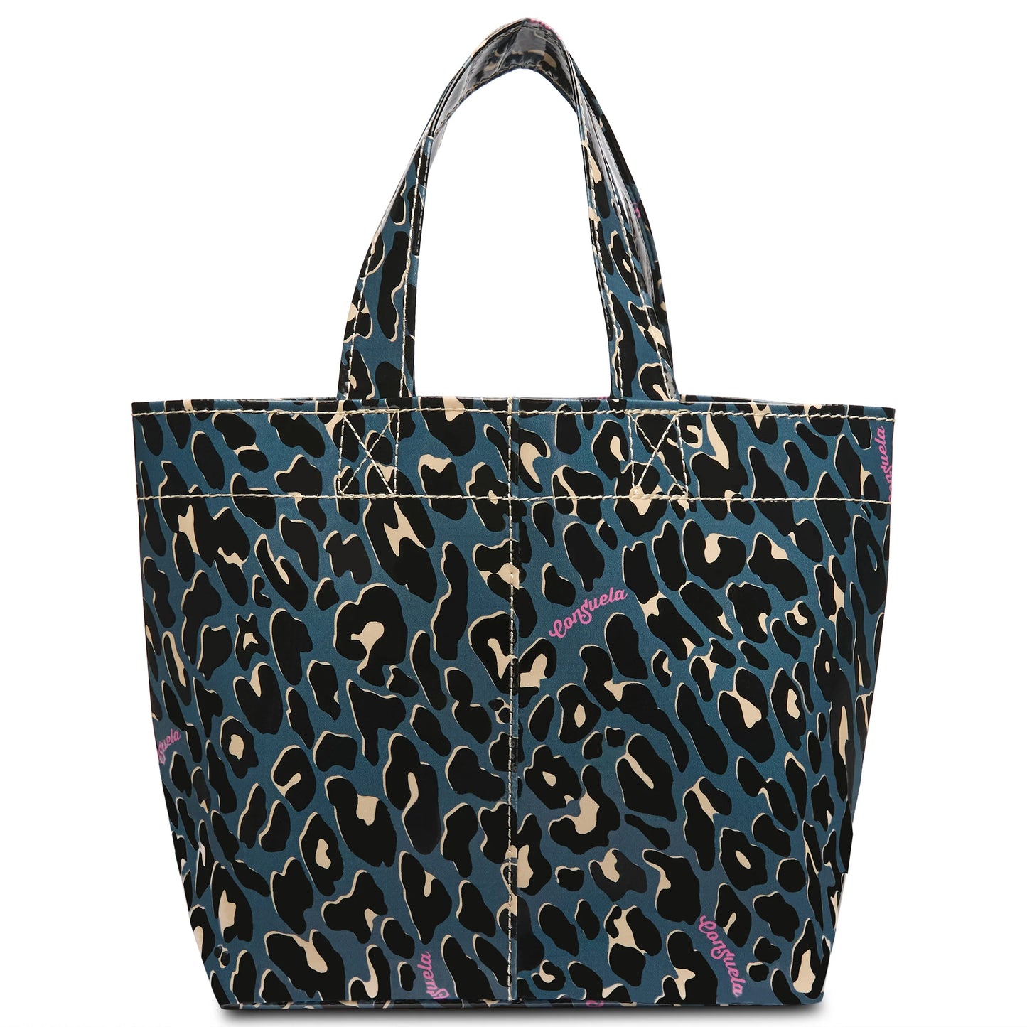 The Danni Grab 'n' Go Mini Bag is a stylish leopard print tote in blue, black, and beige. Made from durable ConsuelaCloth™, it features two handles, a spacious interior, and subtle pink accents. Available in a mini size.