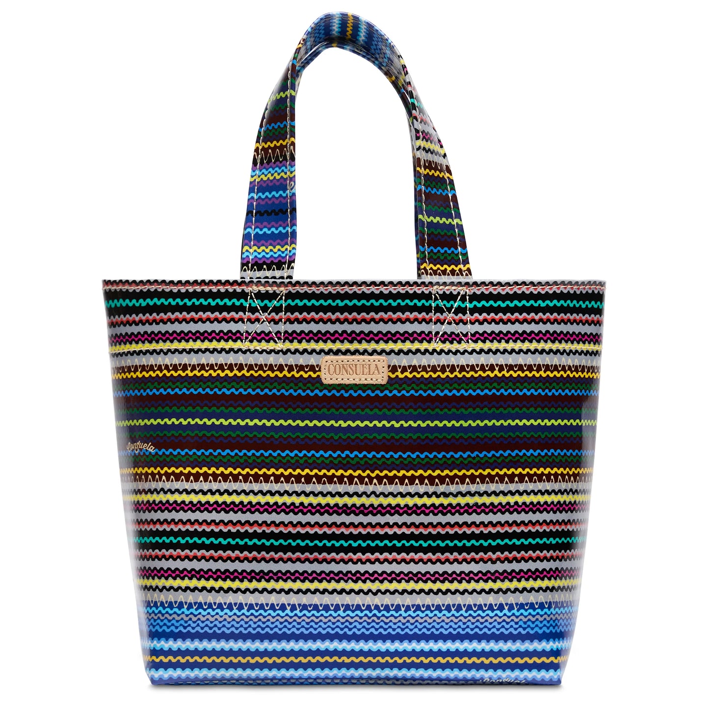 Small ConsuelaCloth Grab 'n' Go Mini tote with short handles, multicolored zigzag stripes, rectangular shape, front label.