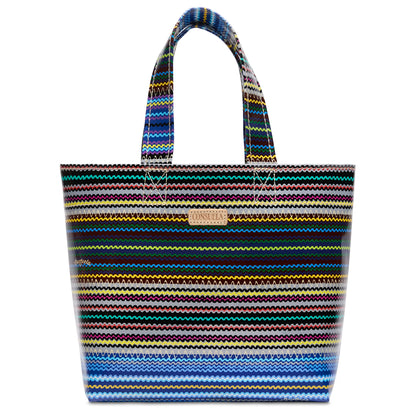 Small ConsuelaCloth Grab 'n' Go Mini tote with short handles, multicolored zigzag stripes, rectangular shape, front label.