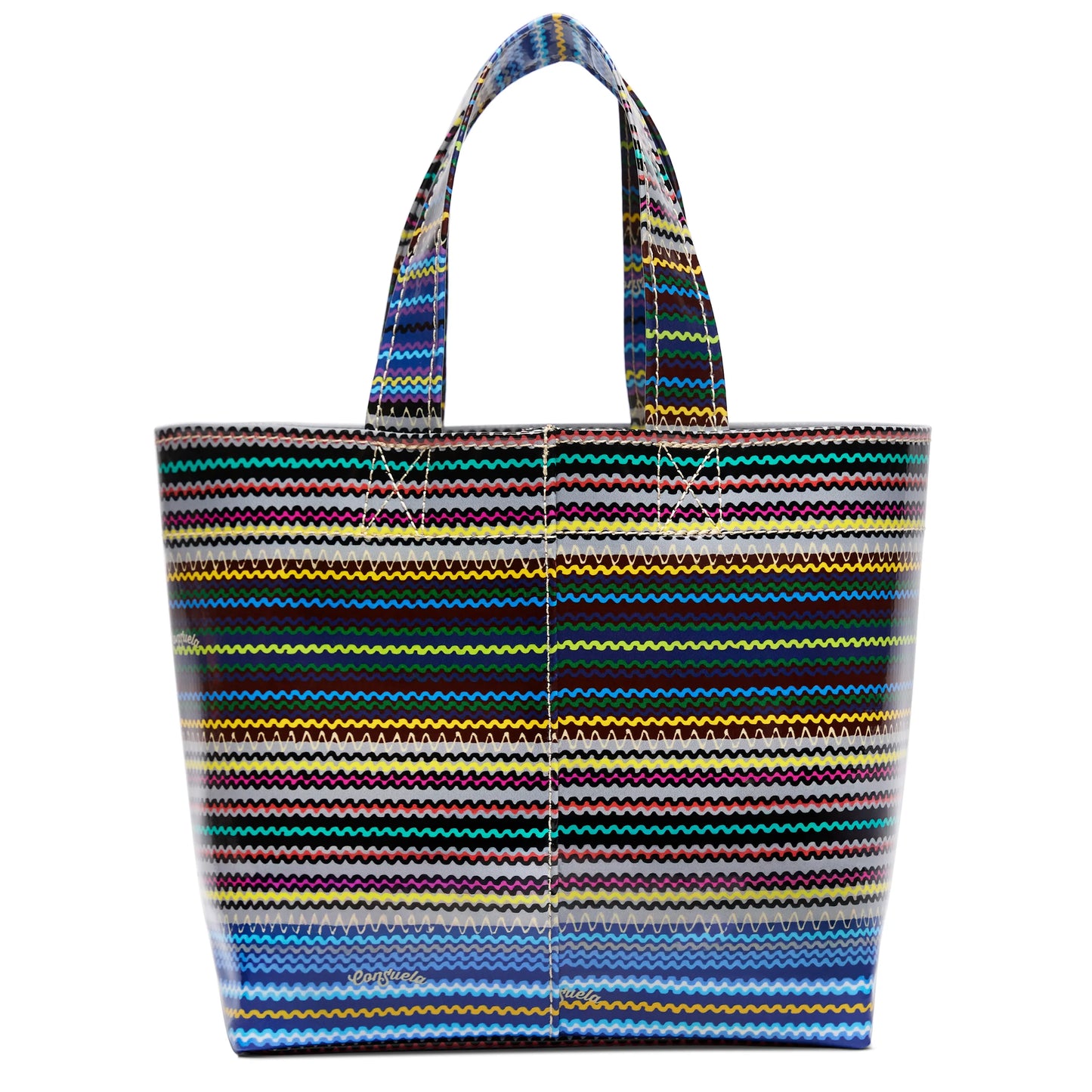 Grab 'n' Go Mini, Hadley: small utility tote with two handles, glossy zigzag stripes in pink, yellow, blue, green, black & white.