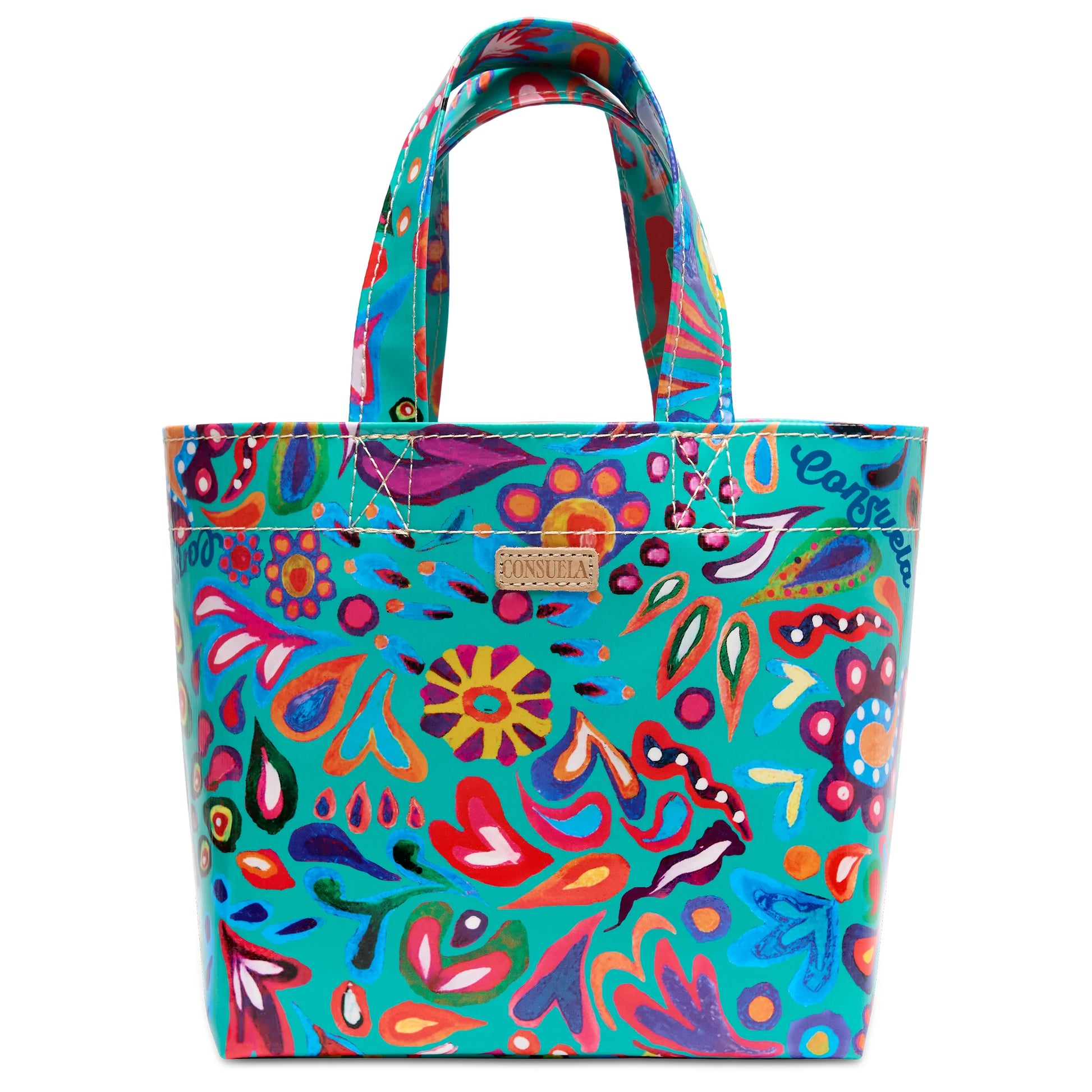 Grab ‘n’ Go Mini Tasha tote bag in ConsuelaCloth with vibrant abstract floral patterns on turquoise, two handles, and a small front label. Available in mini size.