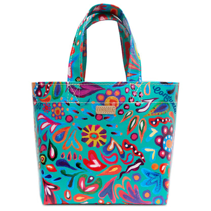 Grab ‘n’ Go Mini Tasha tote bag in ConsuelaCloth with vibrant abstract floral patterns on turquoise, two handles, and a small front label. Available in mini size.