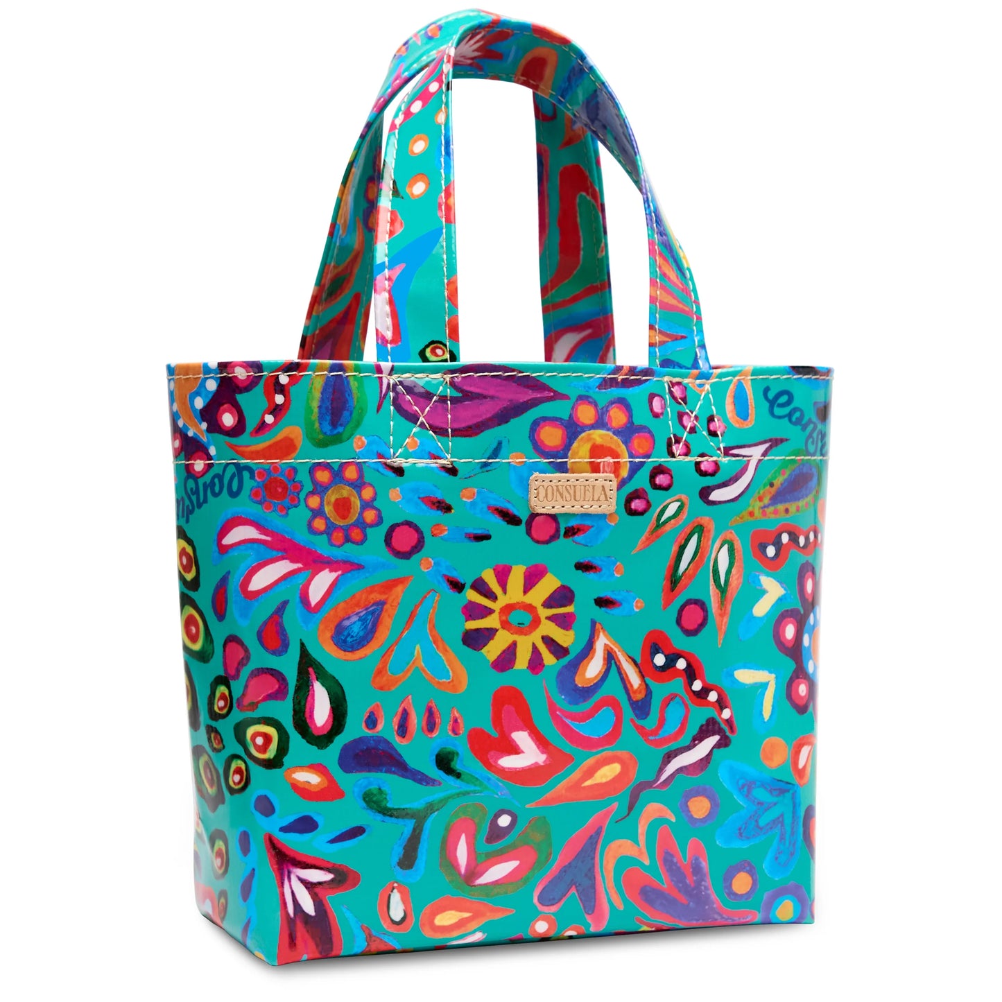 Grab ‘n’ Go Mini, Tasha: utility tote bag in ConsuelaCloth with a vibrant abstract floral pattern in blue, red, pink, and green; features sturdy handles and a gold-toned label on the front. Available in mini size.