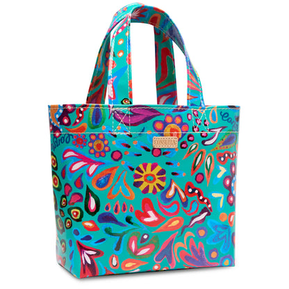 Grab ‘n’ Go Mini, Tasha: utility tote bag in ConsuelaCloth with a vibrant abstract floral pattern in blue, red, pink, and green; features sturdy handles and a gold-toned label on the front. Available in mini size.