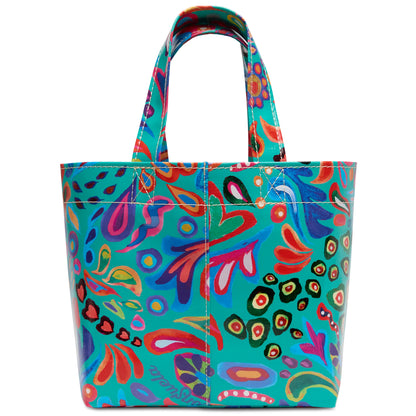 Grab ‘n’ Go Mini, Tasha: compact utility tote in durable ConsuelaCloth with abstract multicolored patterns on teal and two sturdy handles. Available in mini size.