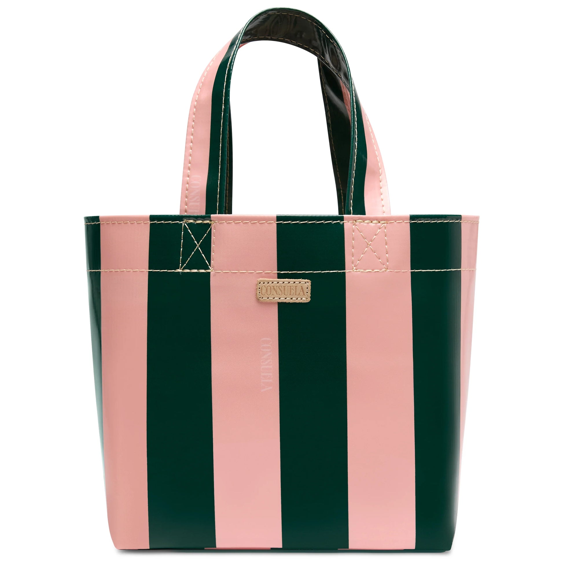 Grab ‘n’ Go Mini, Fern: ConsuelaCloth tote with bold vertical pink and dark green stripes, short handles, gold label on front. Available in mini size.