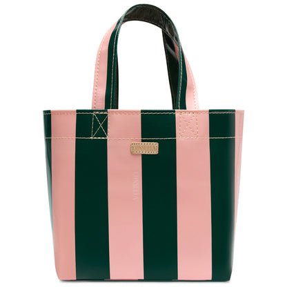 Grab ‘n’ Go Mini, Fern: ConsuelaCloth tote with bold vertical pink and dark green stripes, short handles, gold label on front. Available in mini size.