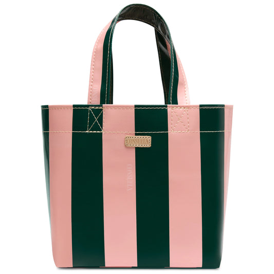 Grab ‘n’ Go Mini, Fern: ConsuelaCloth tote with bold vertical pink and dark green stripes, short handles, gold label on front. Available in mini size.