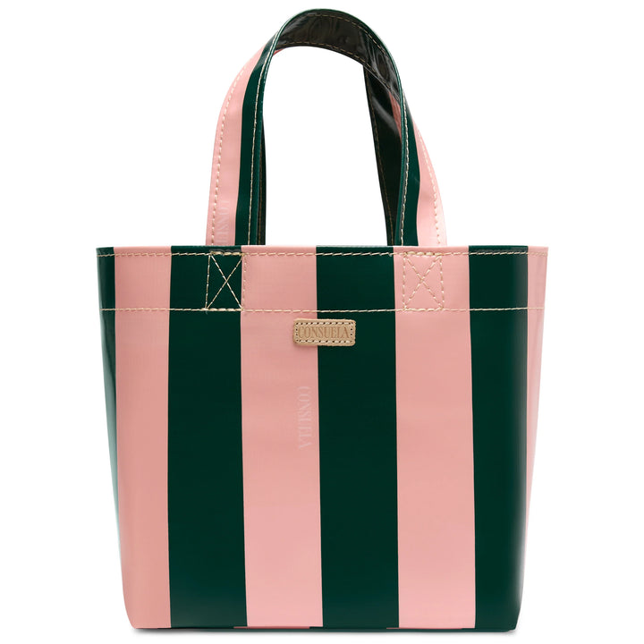 Grab ‘n’ Go Mini, Fern: ConsuelaCloth tote with bold vertical pink and dark green stripes, short handles, gold label on front. Available in mini size.