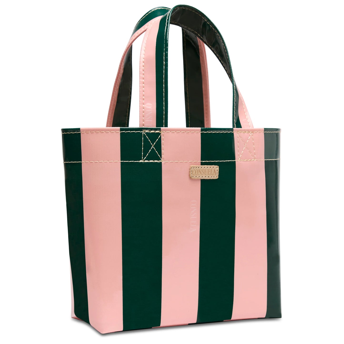 Grab ‘n’ Go Mini, Fern: small tote with vertical pink and dark green stripes, two short handles, and a rectangular gold label on front; available in mini size.