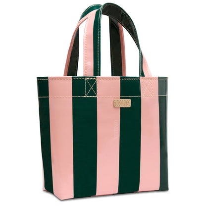 Grab ‘n’ Go Mini, Fern: small tote with vertical pink and dark green stripes, two short handles, and a rectangular gold label on front; available in mini size.