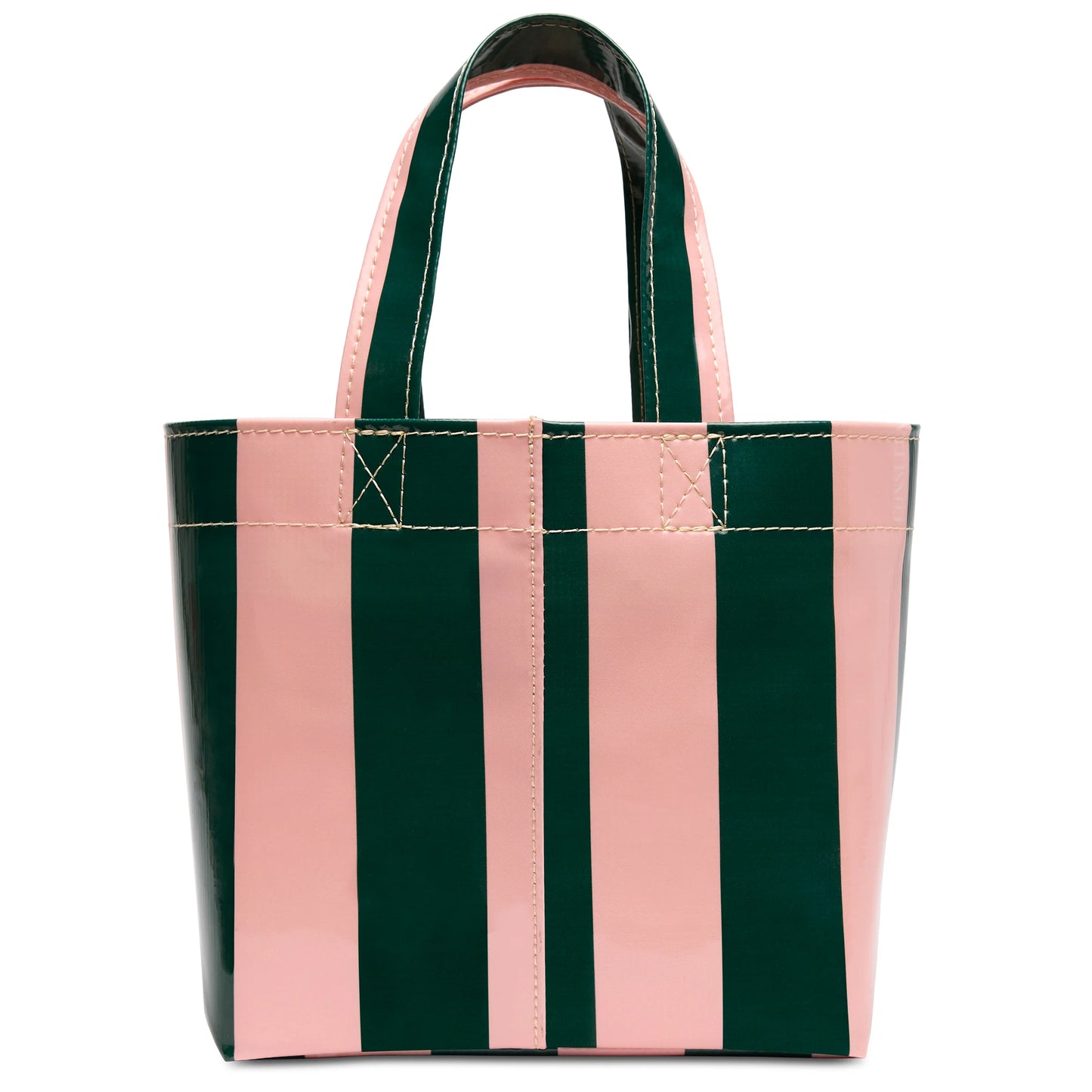 The Grab ‘n’ Go Mini, Fern, has pink and dark green stripes with two handles. Available in mini size.