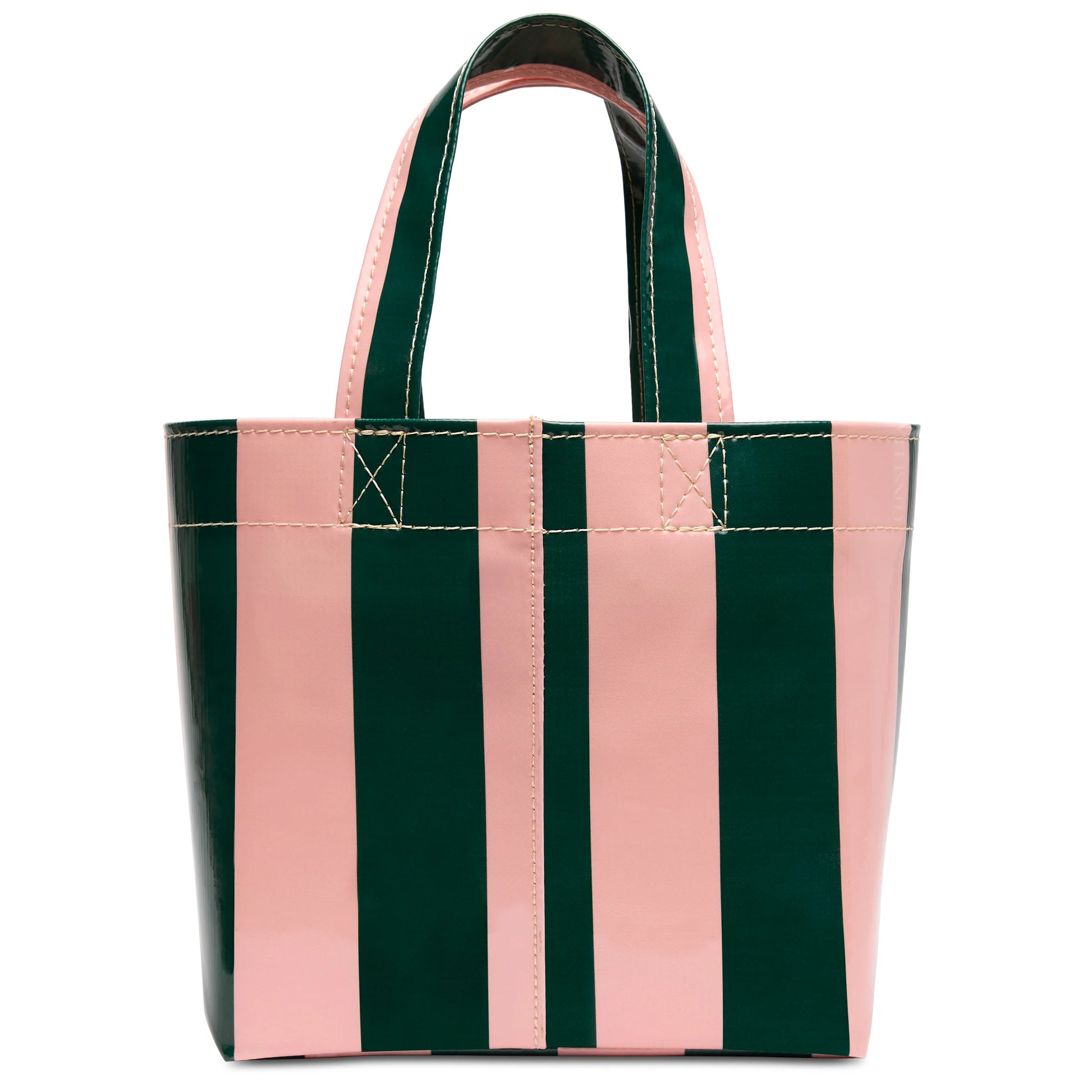 The Grab ‘n’ Go Mini, Fern, has pink and dark green stripes with two handles. Available in mini size.