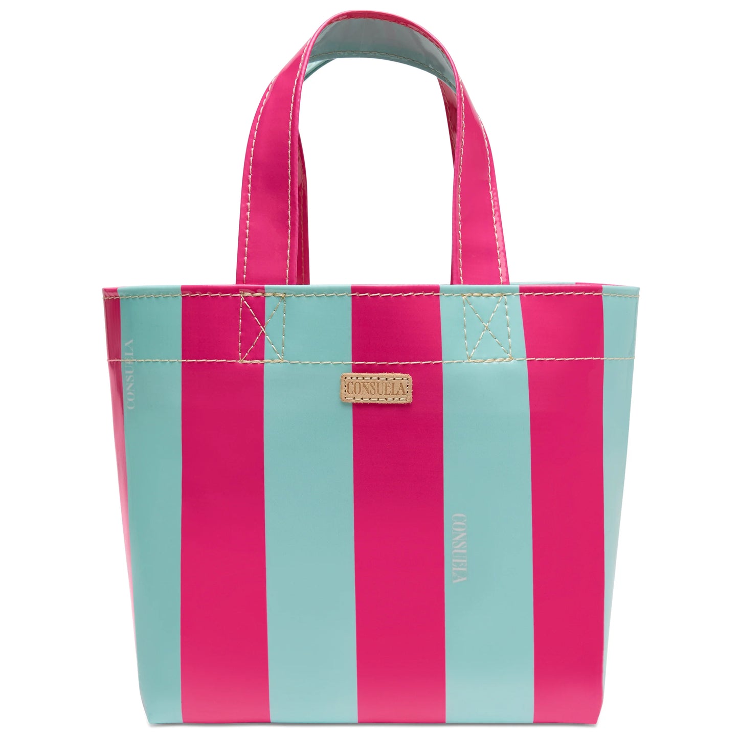 Pink and teal striped ConsuelaCloth tote with pink handles, tan leather logo tag. Available in mini size.