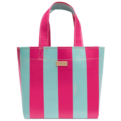 Pink and teal striped ConsuelaCloth tote with pink handles, tan leather logo tag. Available in mini size.