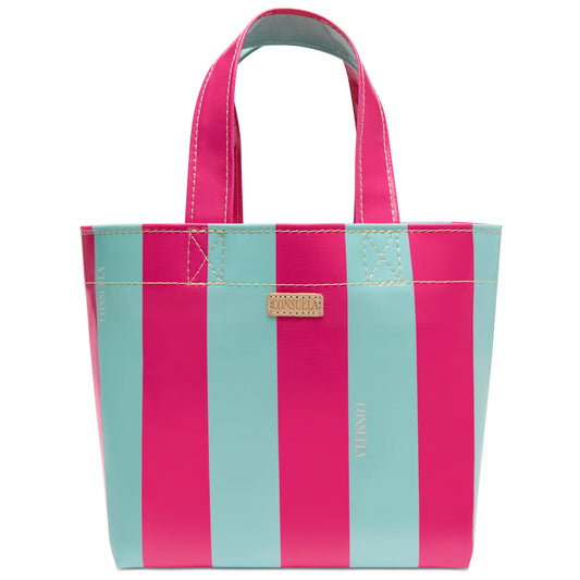 Pink and teal striped ConsuelaCloth tote with pink handles, tan leather logo tag. Available in mini size.