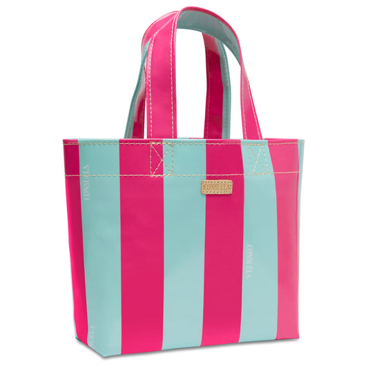 Grab 'n' Go Mini, Malibu: utility tote with pink/light blue stripes, two handles, gold front label. Sizes: Mini only.