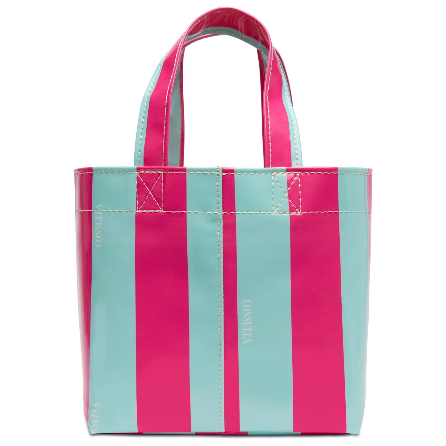 Bright pink and light blue striped utility tote with matching handles and visible stitching. Available in mini size.